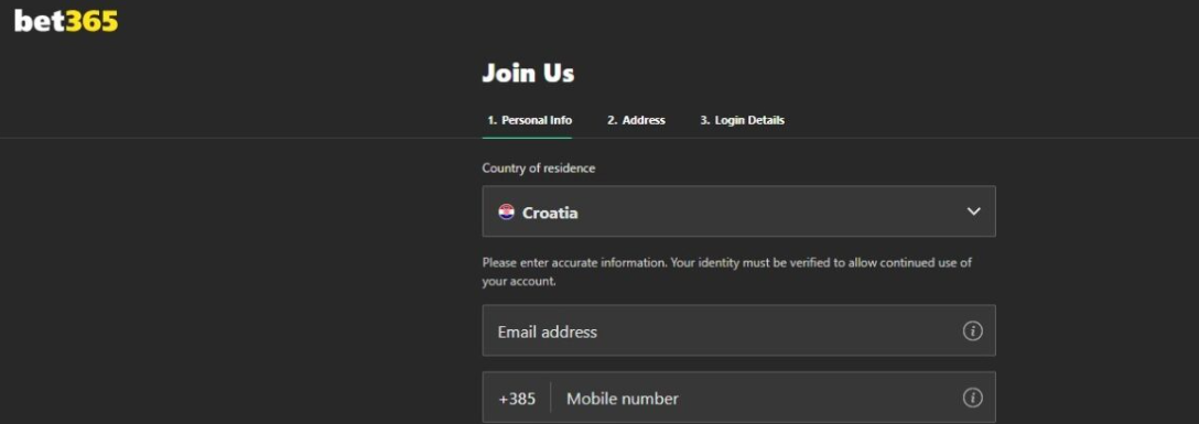 Obrazac za registraciju Bet365 kladionica