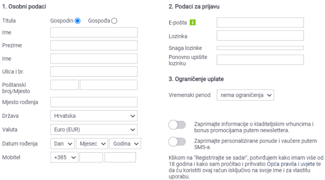 Obrazac za registraciju Bet at home kladionica