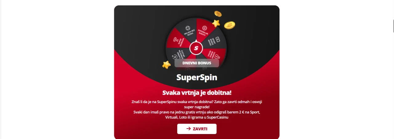 Promocijska slika SuperSpin bonusa s kotačem sreće u crveno-crnoj boji. U središtu piše "Svaka vrtnja je dobitna!", uz objašnjenje da svaki dan igrač može zavrtjeti kotač i osvojiti nagrade ako odigra barem 2 € na Sport, Virtuali, Loto ili igre u SuperCasinu. Na dnu je gumb “ZAVRTI”