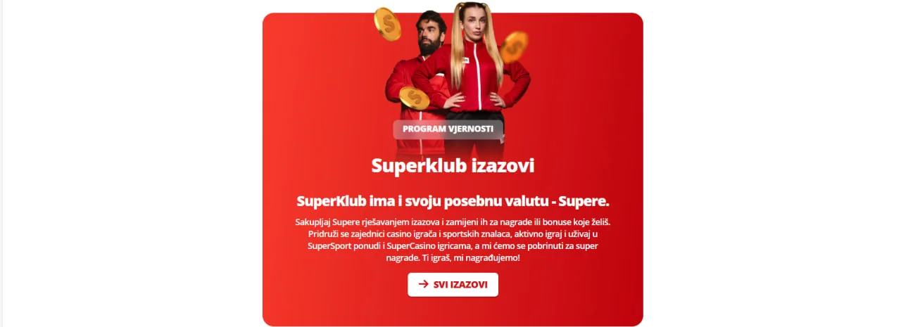 Promotivna slika za “Superklub izazovi” iz SuperSport programa vjernosti. U središtu su dvoje sportaša u crvenim trenirkama, iznad kojih je natpis “PROGRAM VJERNOSTI”. Glavni naslov kaže “Superklub izazovi”, uz dodatni tekst o prikupljanju virtualne valute “Supere” i zamjeni za bonuse ili nagrade. Na dnu se nalazi bijeli gumb s natpisom “Svi izazovi”